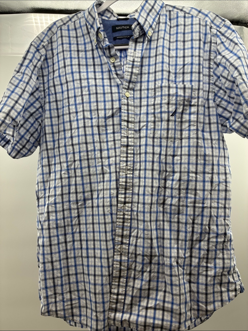 Nautica White and Blue Plaid Short-Sleeve Button-Down Shirt